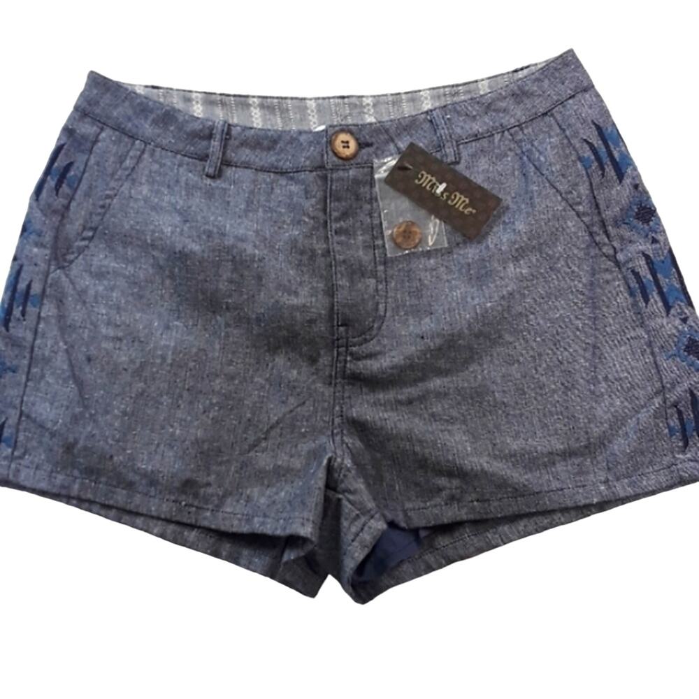 NWT Womens Sz S Blue Linen Blend Embroidered Chambray Beach Y2K Miss Me Shorts